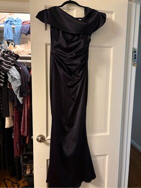 Vince Camuto One-Shoulder Satin Evening Gown in Navy